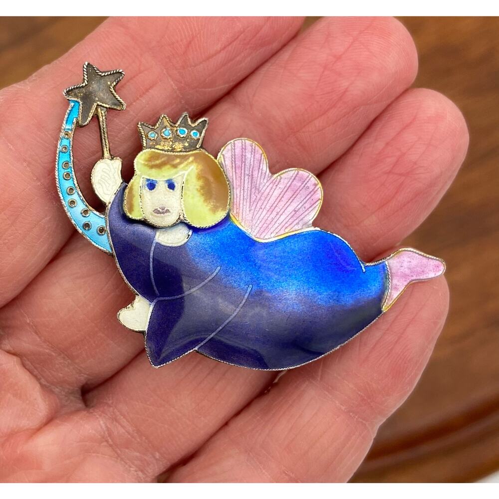 Sterling Silver Enamel Fairy Godmother Angel Brooch Magic Wand Wings READ